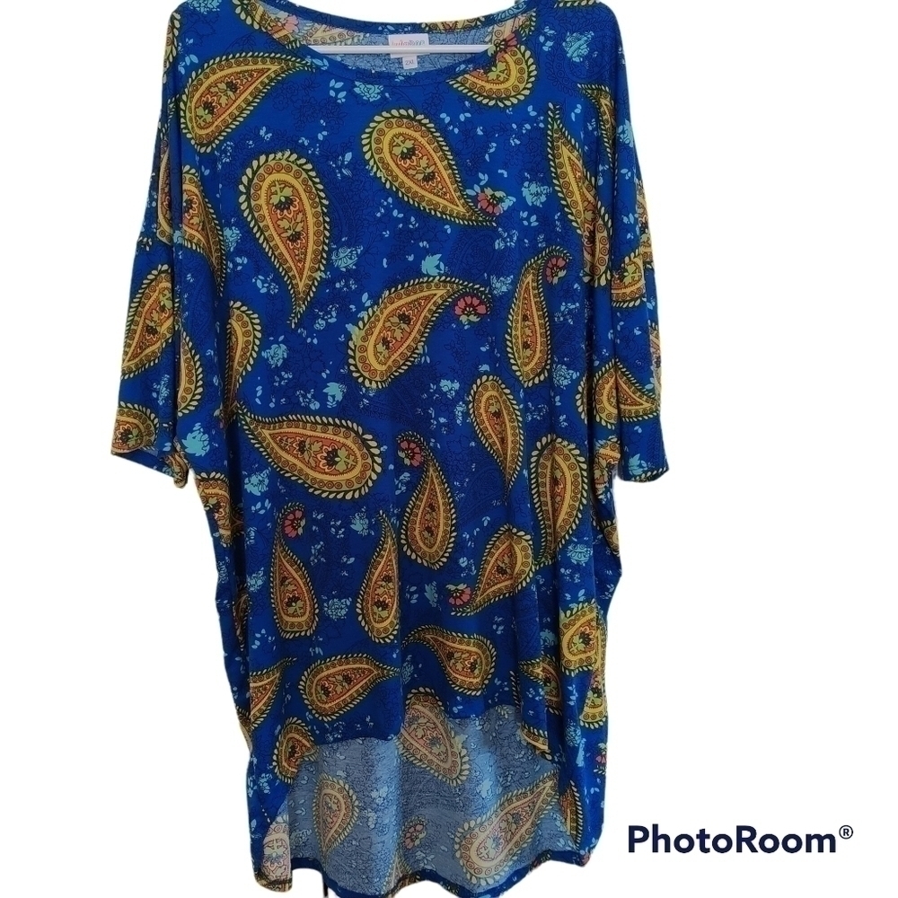 LuLaRoe "Irma" Blue Paisley High Low Short Sleeve T Shirt Top 2XL